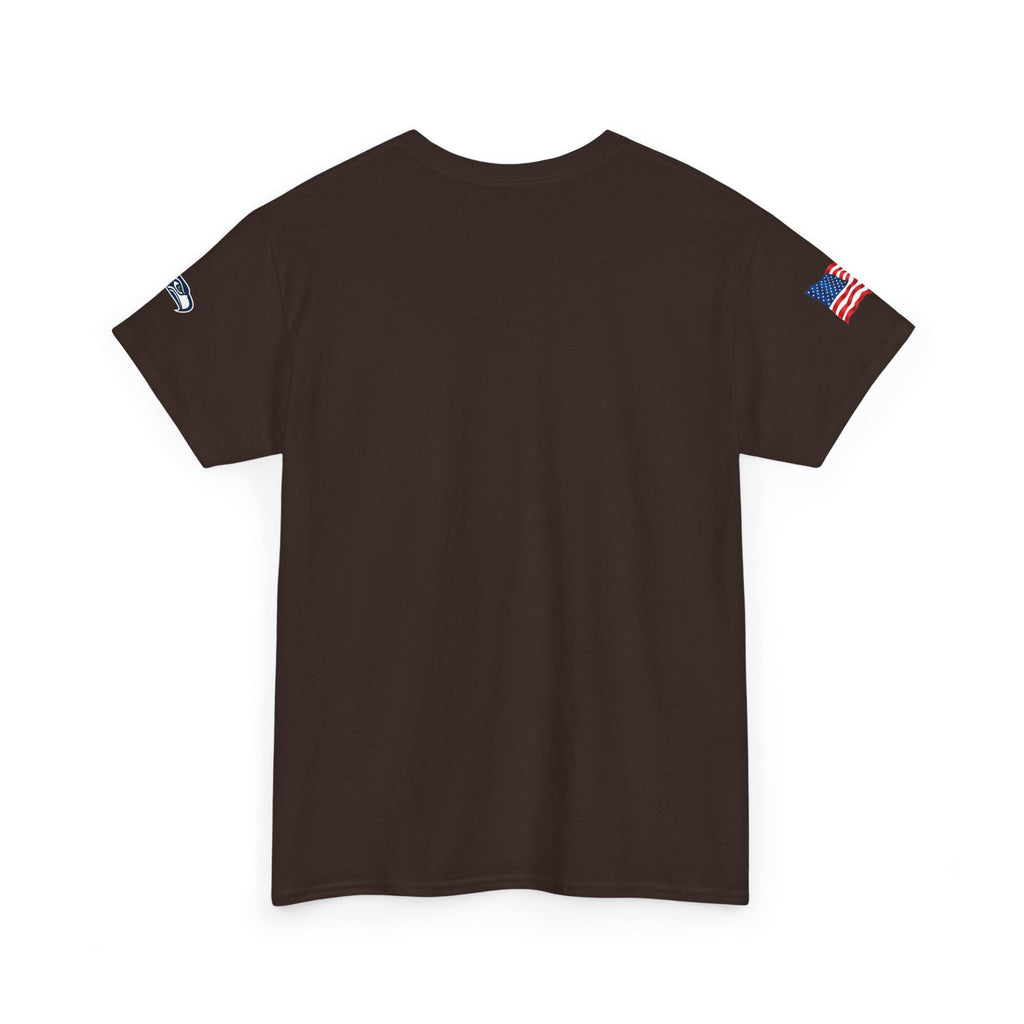 Suzuki Logo White Tee — Small Chest Emblem with American Flag Sleeve