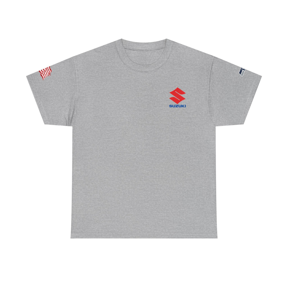 Suzuki Logo White Tee — Small Chest Emblem with American Flag Sleeve
