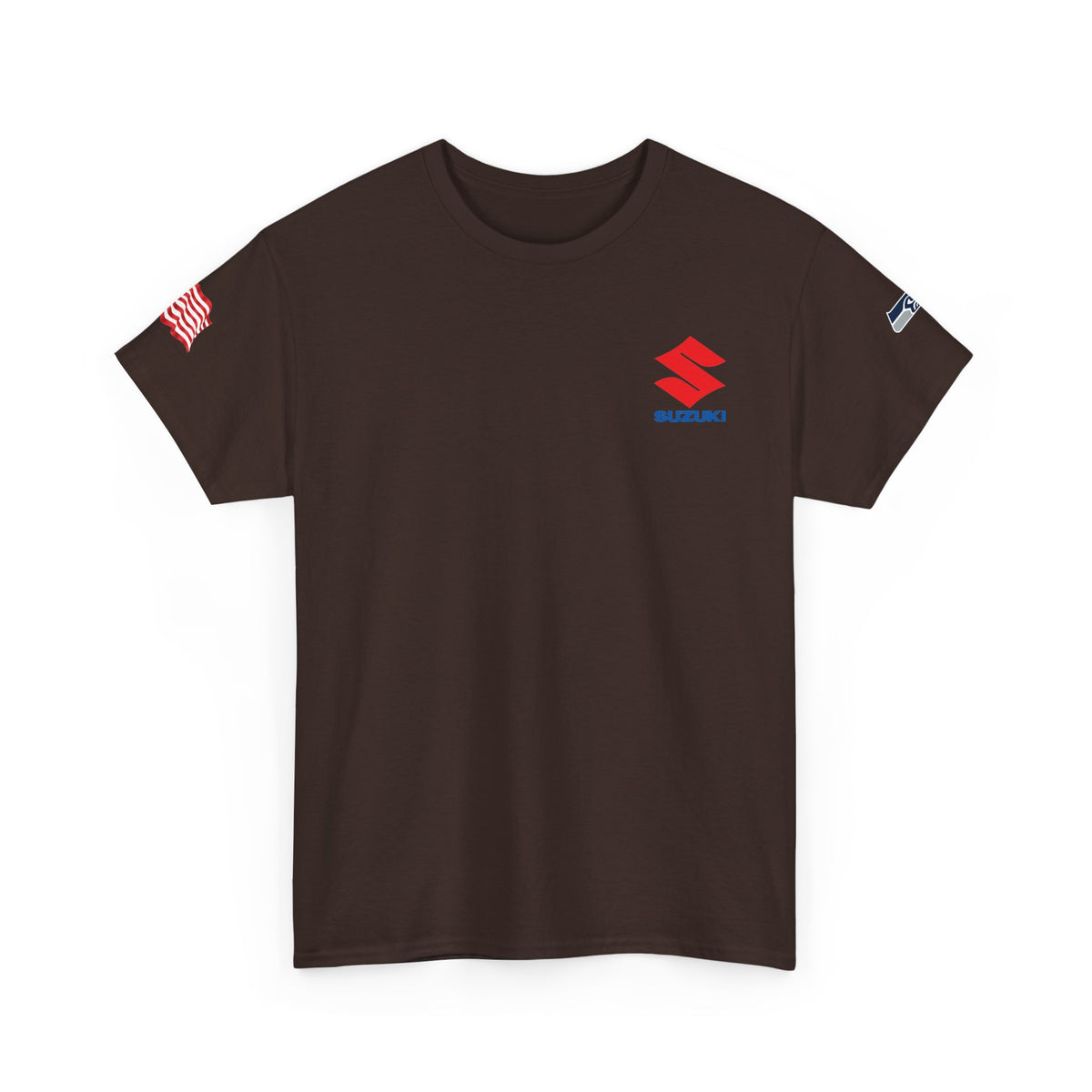 Suzuki Logo White Tee — Small Chest Emblem with American Flag Sleeve