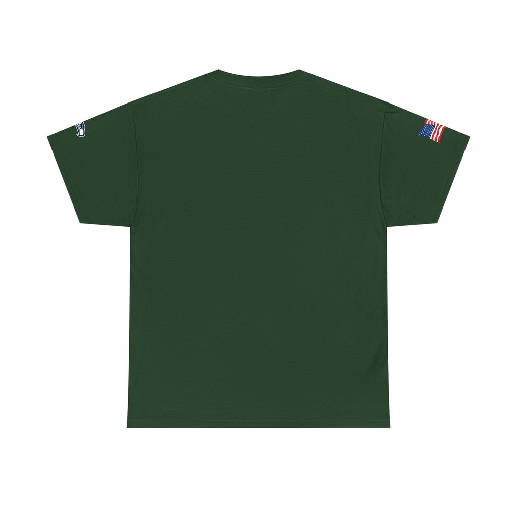 Suzuki Logo White Tee — Small Chest Emblem with American Flag Sleeve