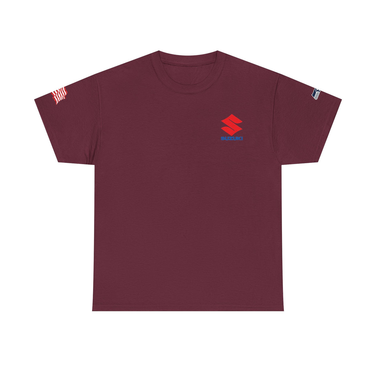 Suzuki Logo White Tee — Small Chest Emblem with American Flag Sleeve