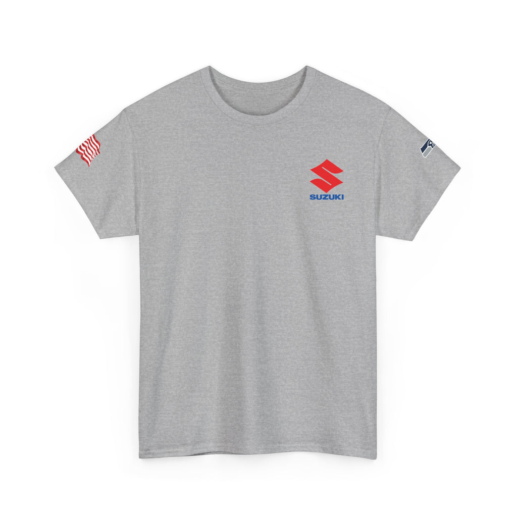 Suzuki Logo White Tee — Small Chest Emblem with American Flag Sleeve