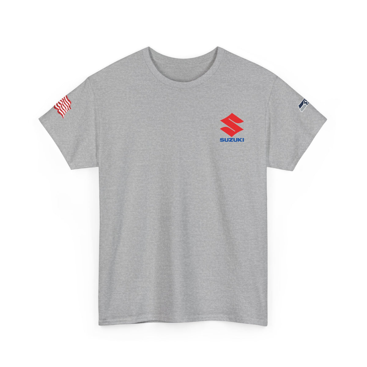 Suzuki Logo White Tee — Small Chest Emblem with American Flag Sleeve