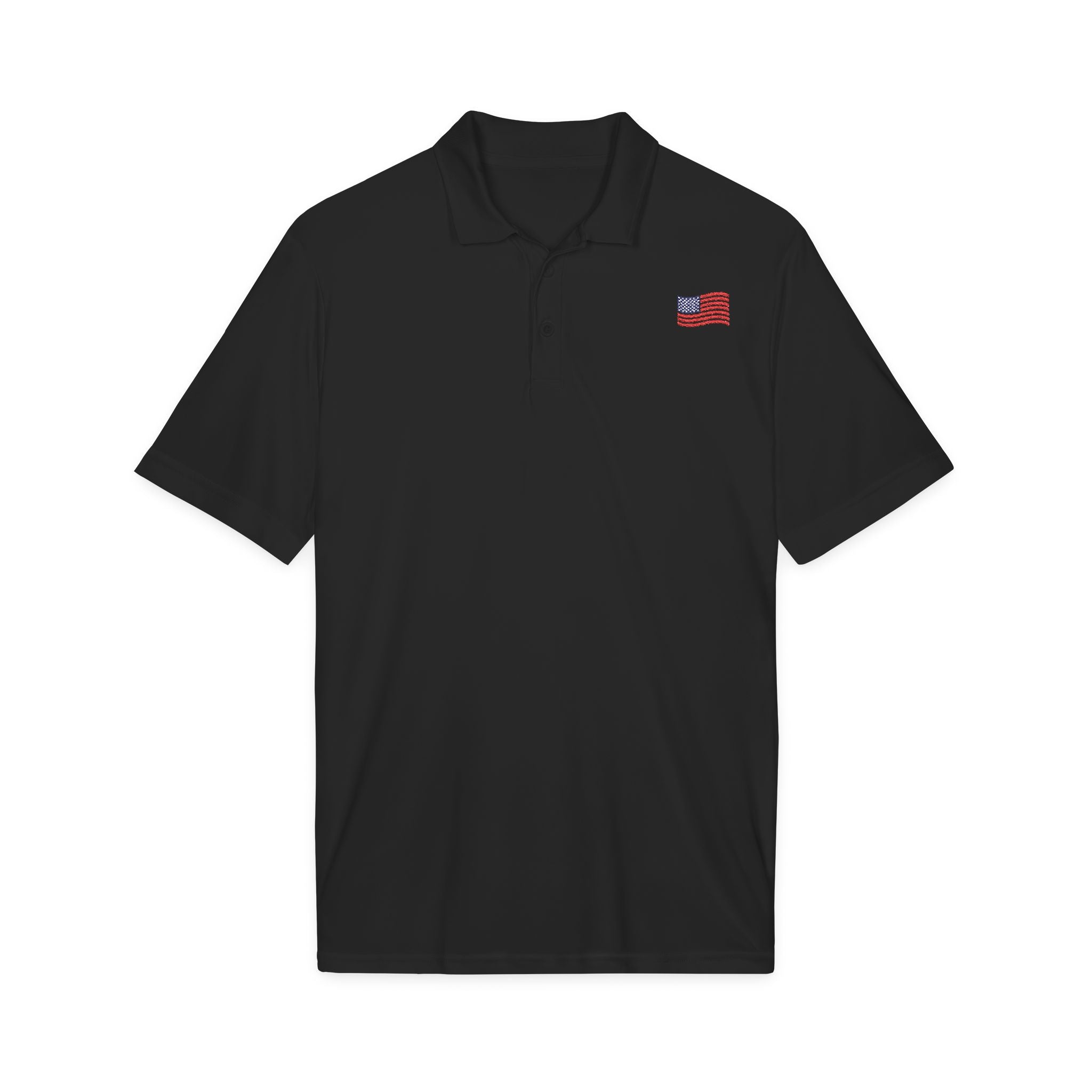 White Polo Shirt with Small American Flag Embroidery — Patriotic Performance Polo