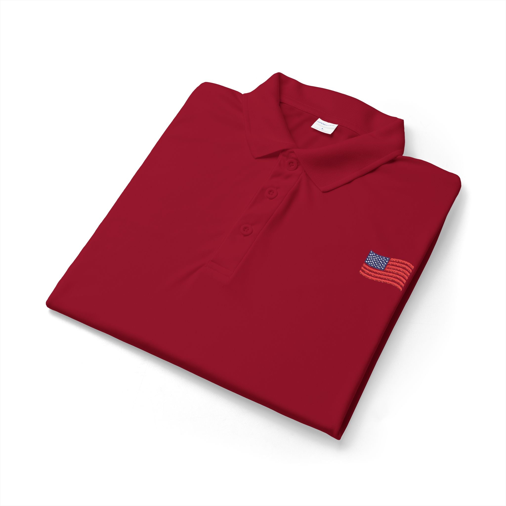 White Polo Shirt with Small American Flag Embroidery — Patriotic Performance Polo