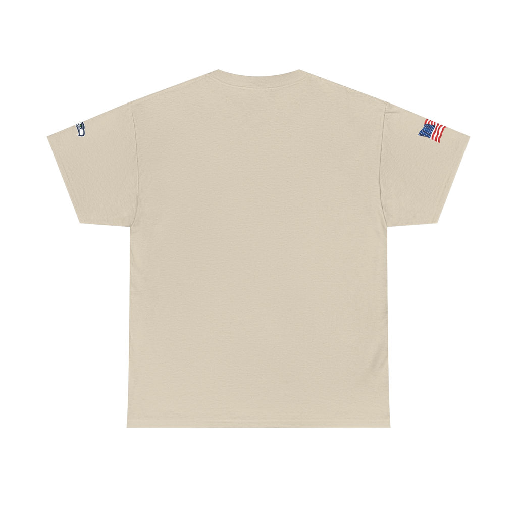 Suzuki Logo White Tee — Small Chest Emblem with American Flag Sleeve