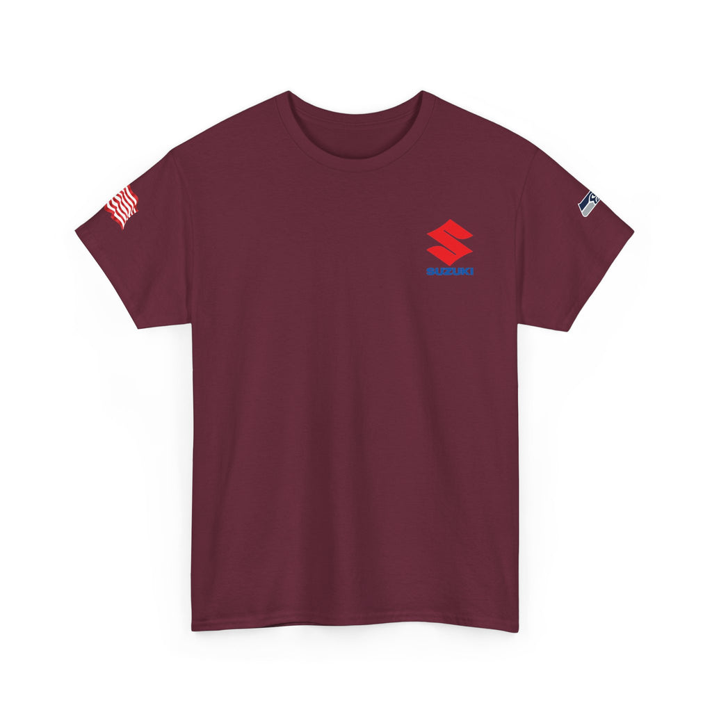Suzuki Logo White Tee — Small Chest Emblem with American Flag Sleeve