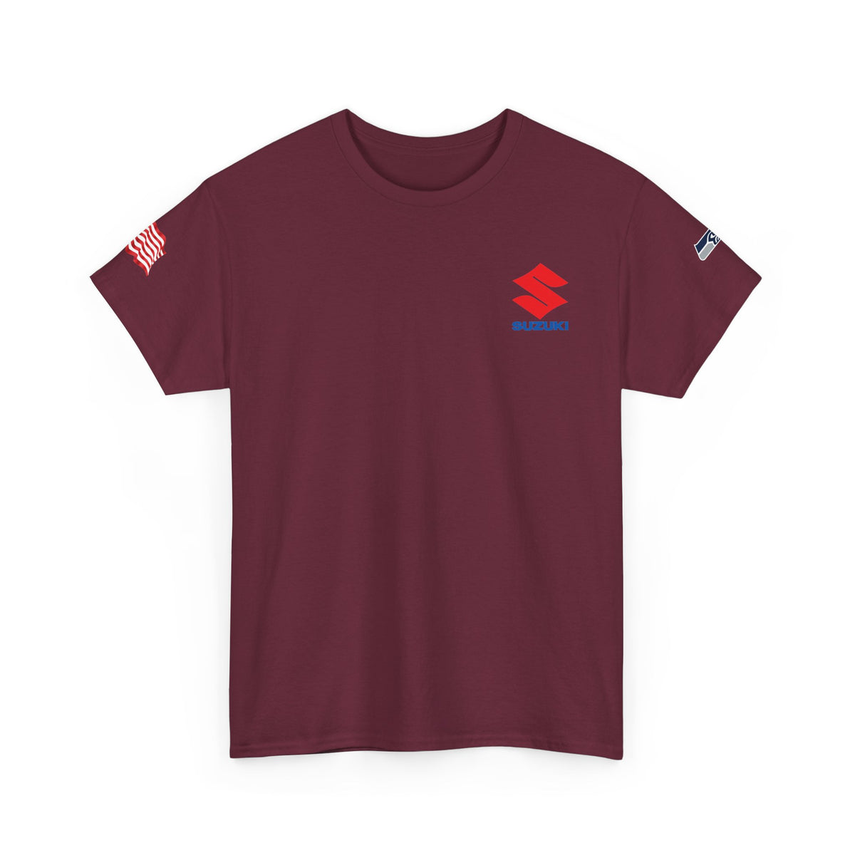 Suzuki Logo White Tee — Small Chest Emblem with American Flag Sleeve