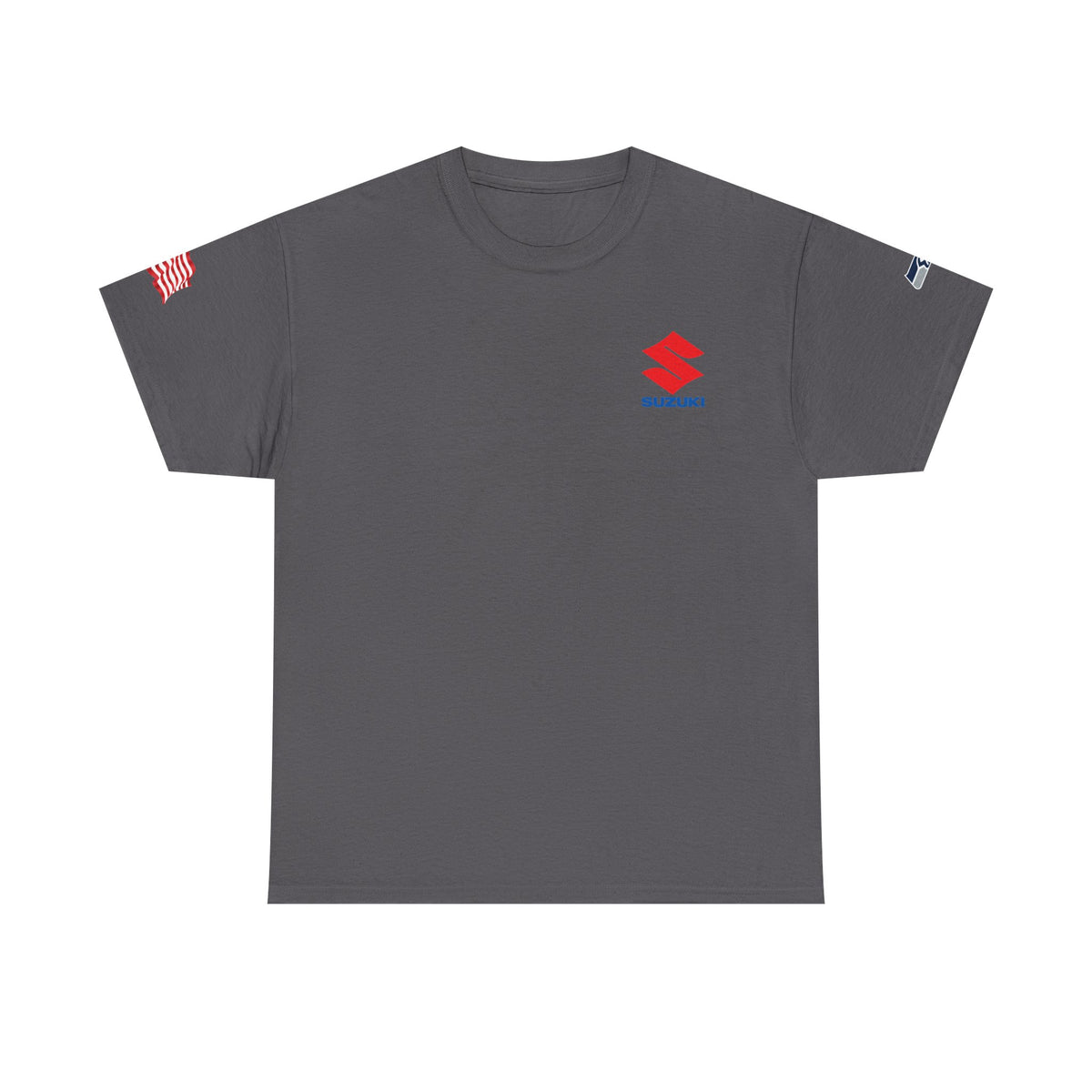 Suzuki Logo White Tee — Small Chest Emblem with American Flag Sleeve
