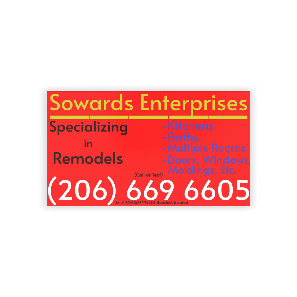 Red & Yellow Remodeling Business Cards — Sowards Enterprises (206-669-6605)