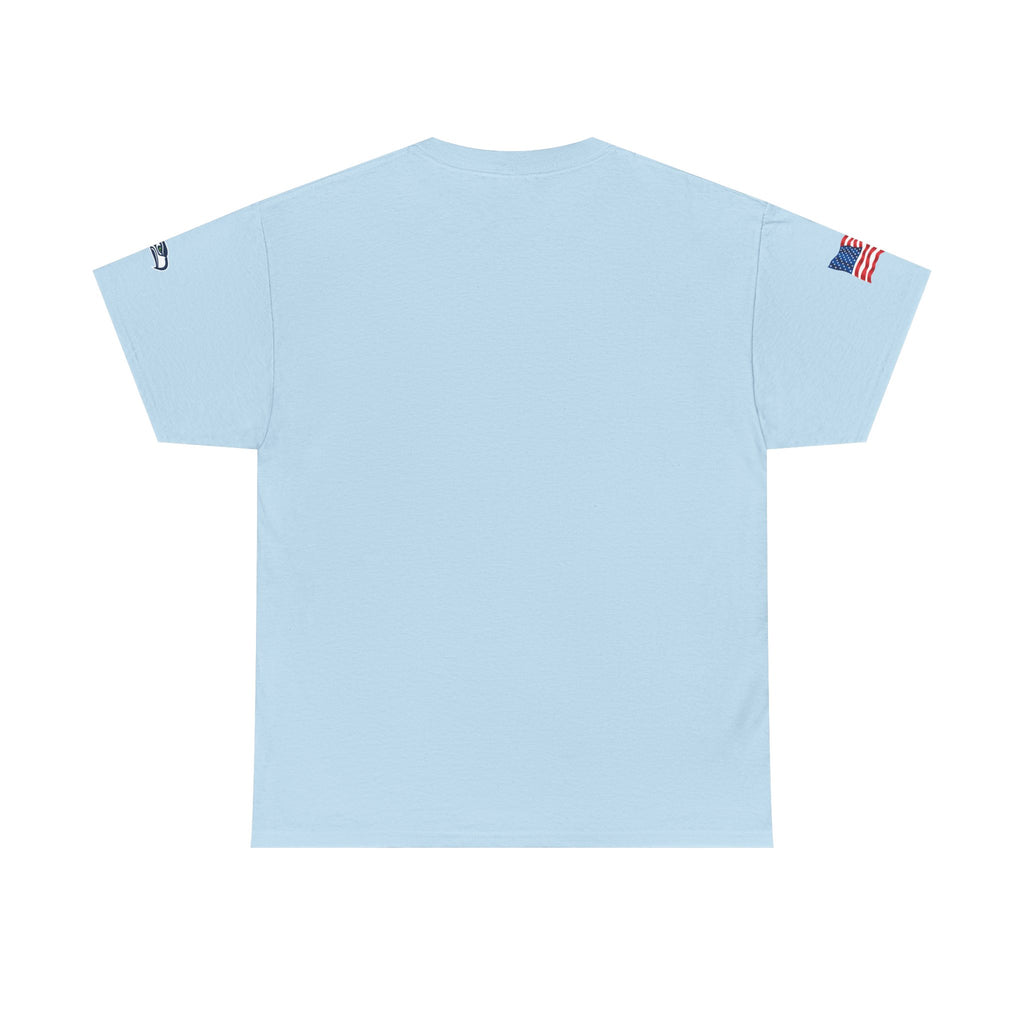 Suzuki Logo White Tee — Small Chest Emblem with American Flag Sleeve