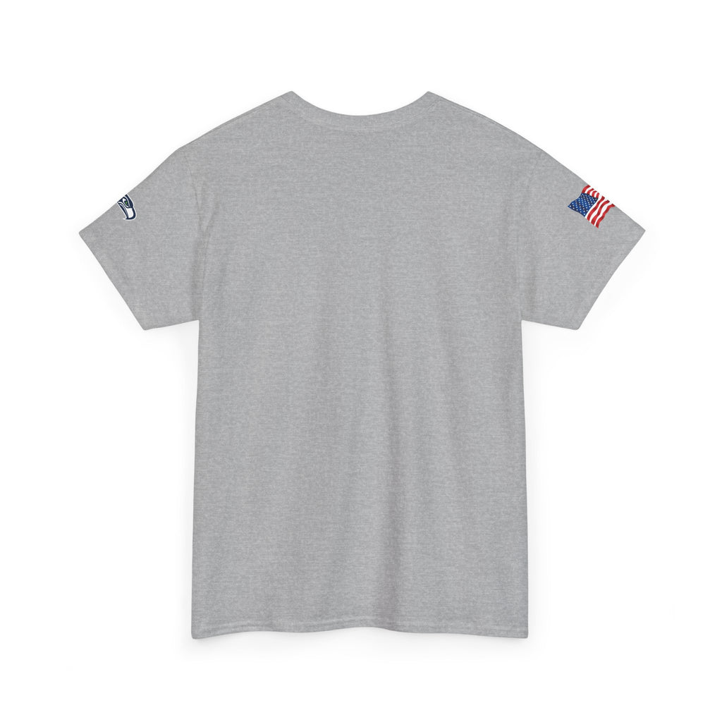 Suzuki Logo White Tee — Small Chest Emblem with American Flag Sleeve