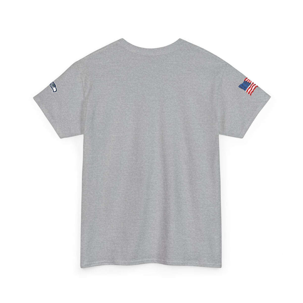 Suzuki Logo White Tee — Small Chest Emblem with American Flag Sleeve