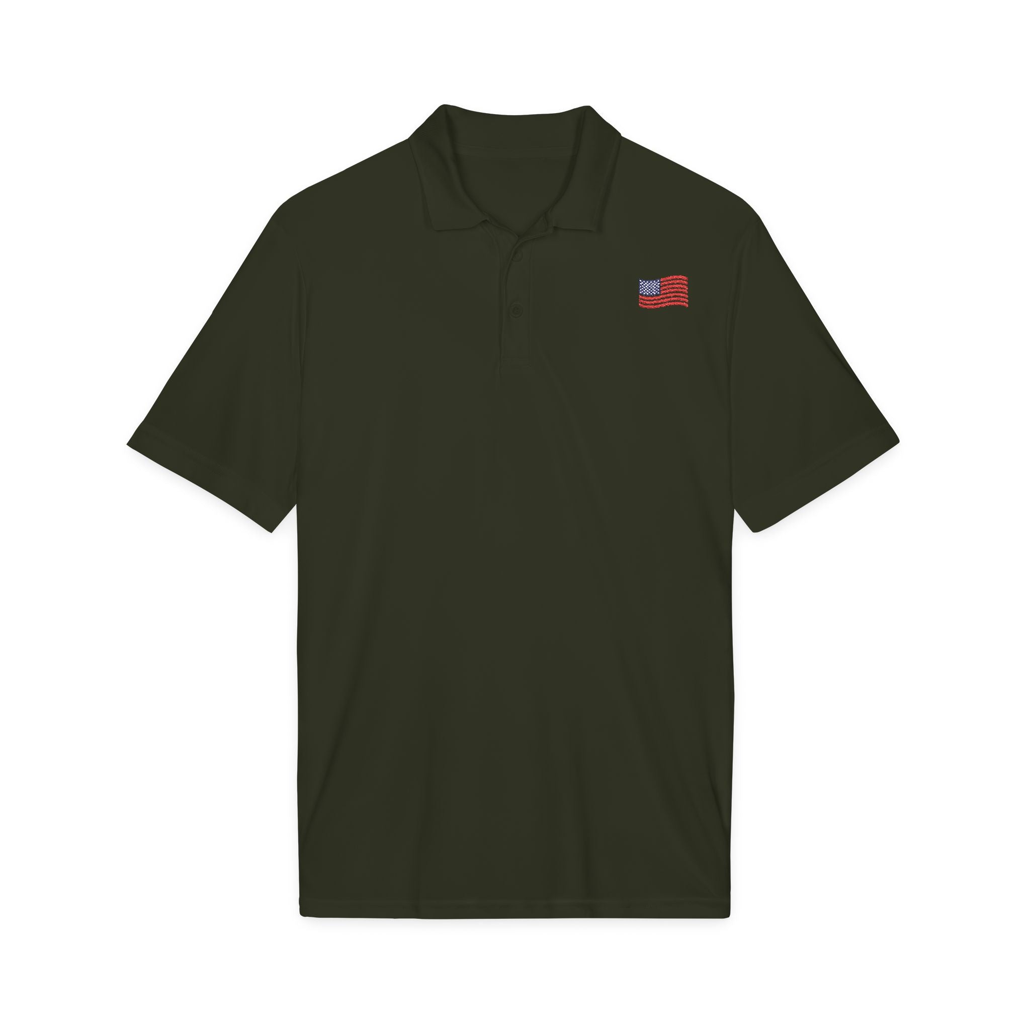 White Polo Shirt with Small American Flag Embroidery — Patriotic Performance Polo