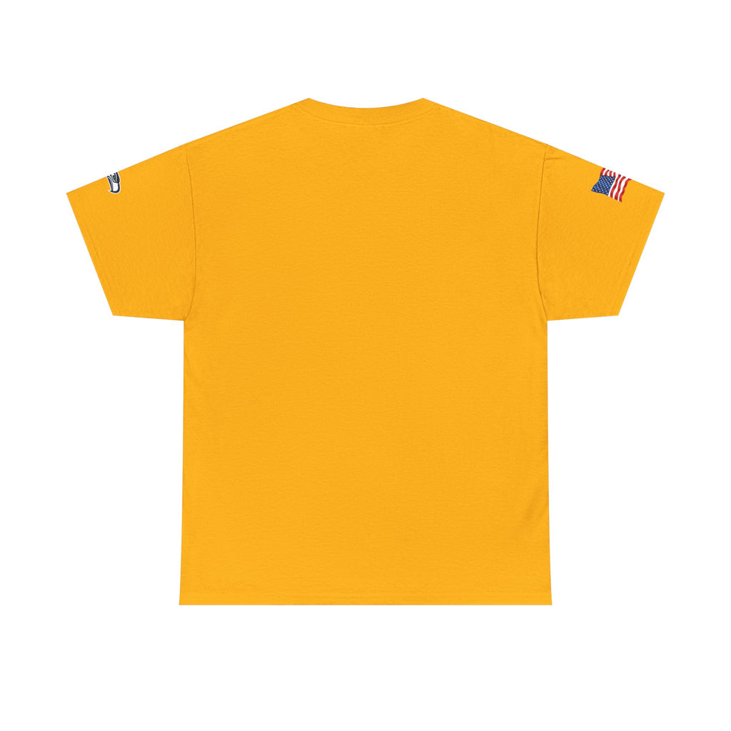 Suzuki Logo White Tee — Small Chest Emblem with American Flag Sleeve