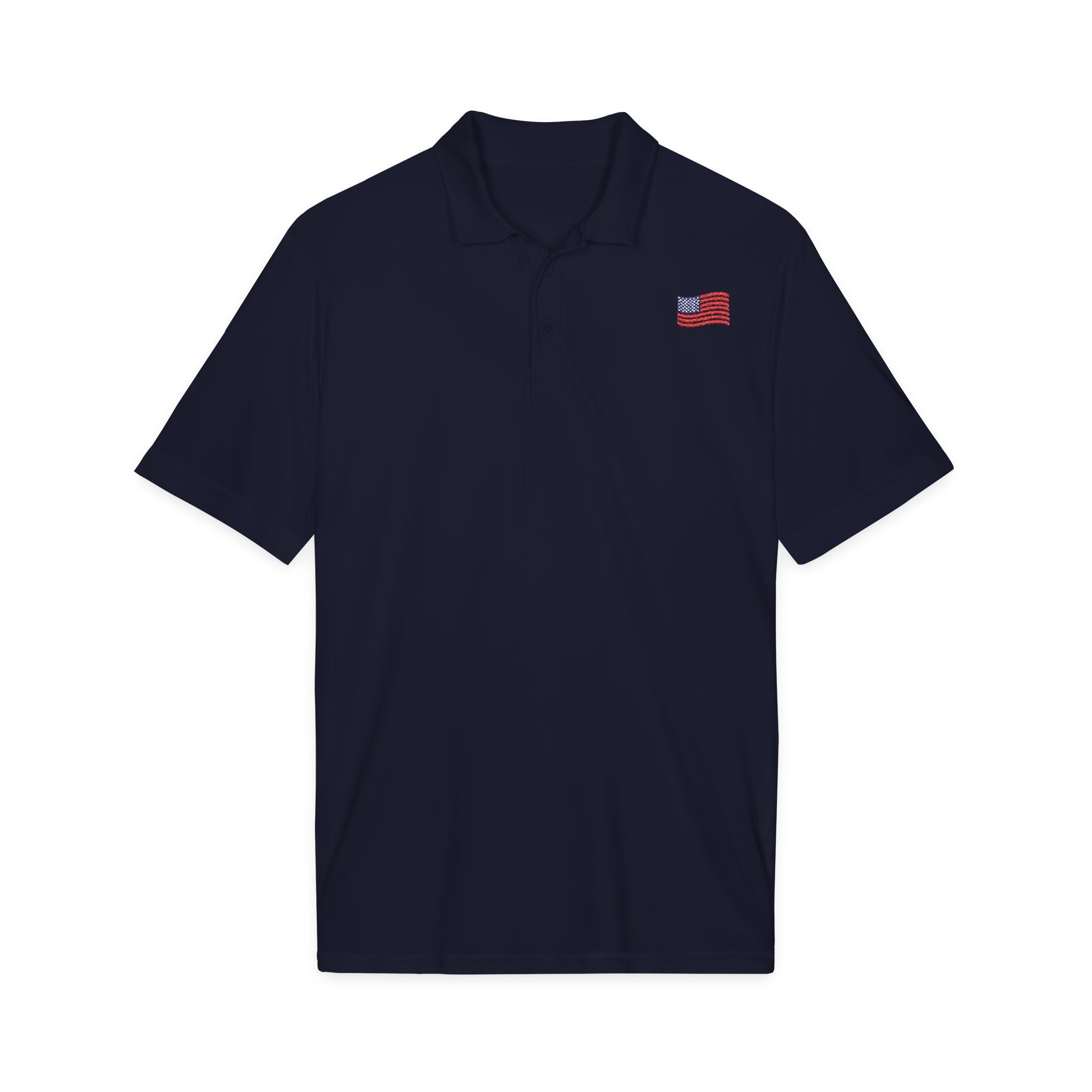 White Polo Shirt with Small American Flag Embroidery — Patriotic Performance Polo