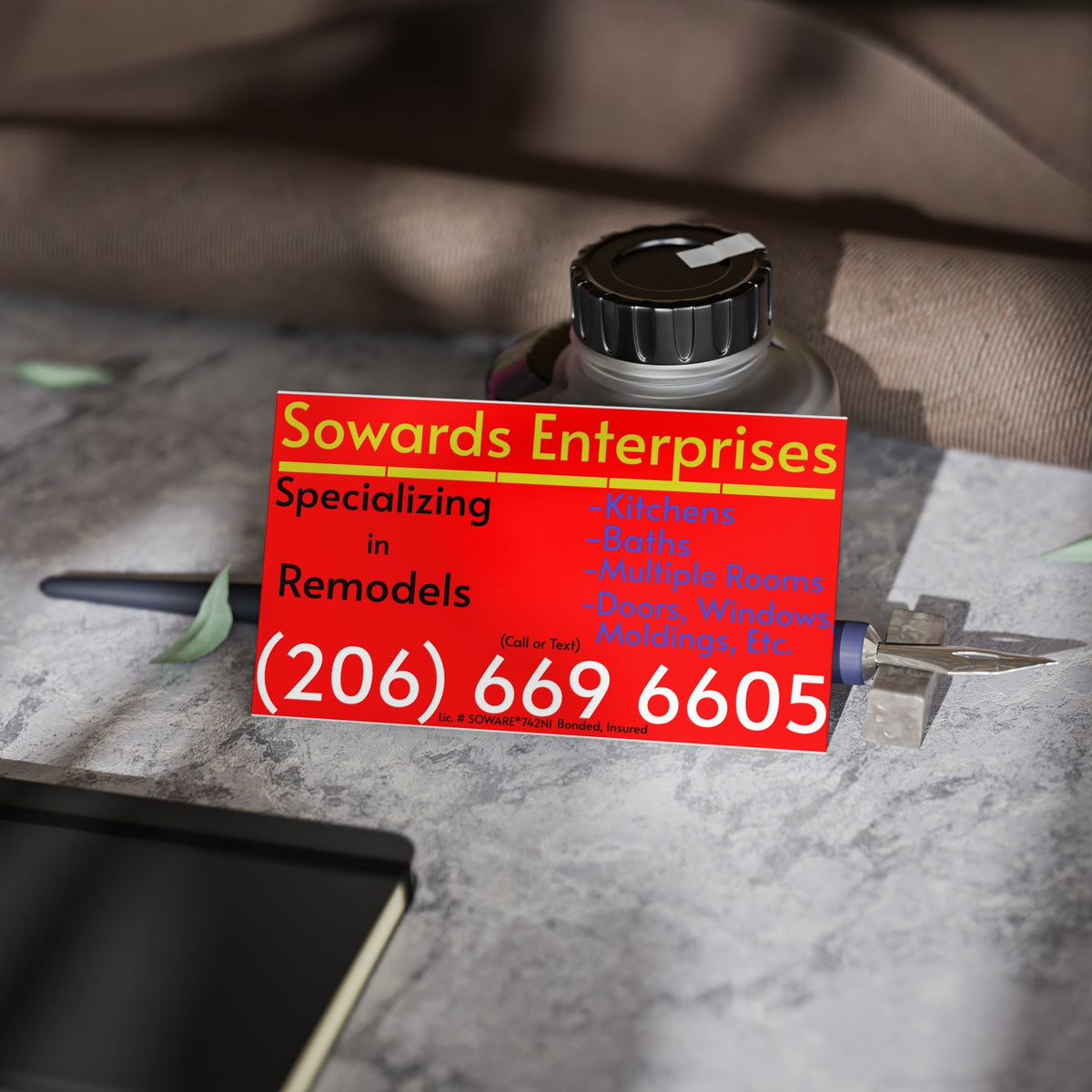 Red & Yellow Remodeling Business Cards — Sowards Enterprises (206-669-6605)