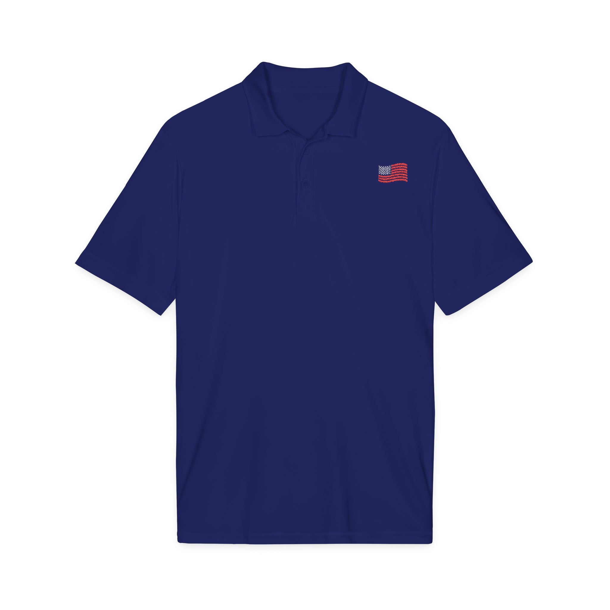 White Polo Shirt with Small American Flag Embroidery — Patriotic Performance Polo
