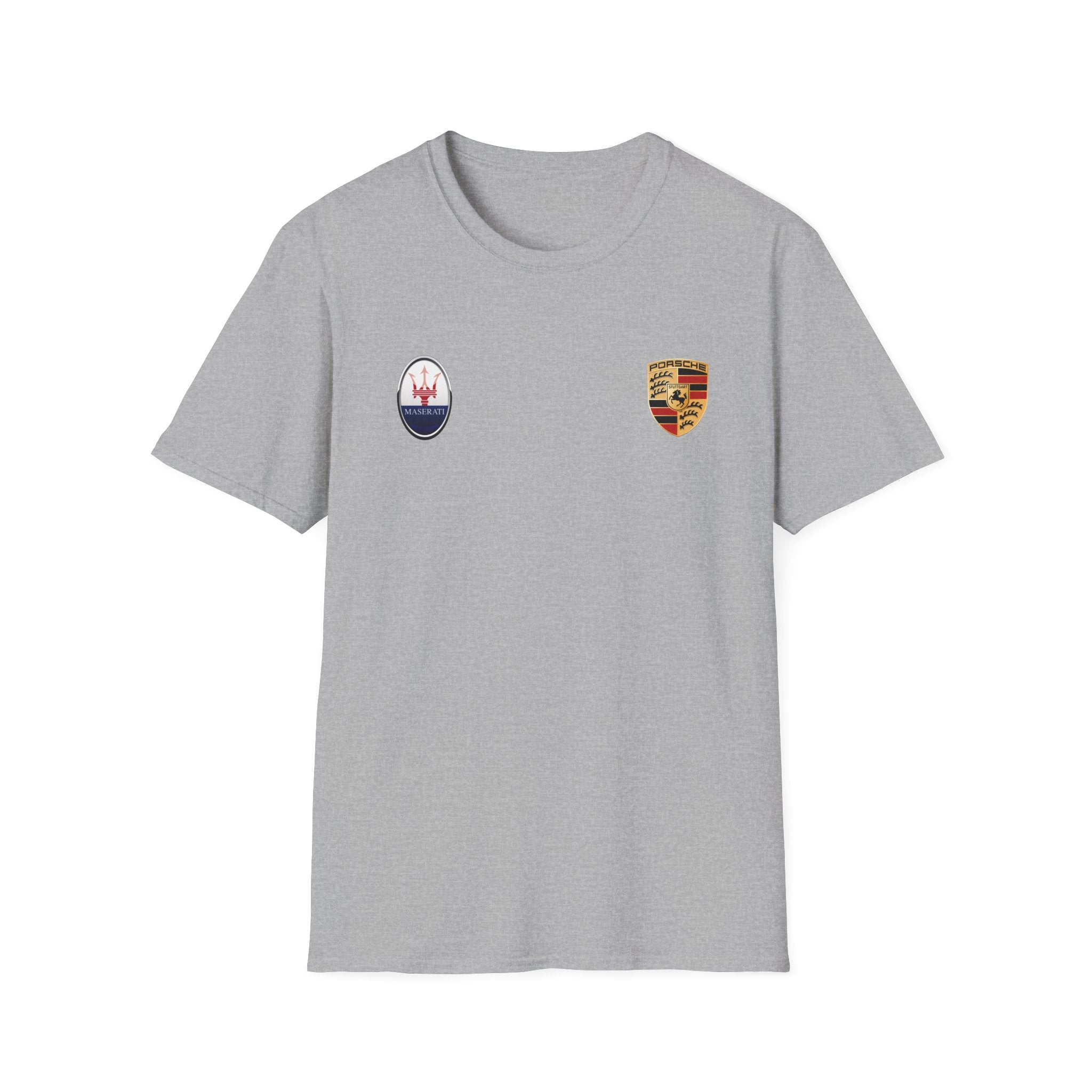 Car Crest Tee — Minimal Porsche & Maserati Badge Graphic T-Shirt