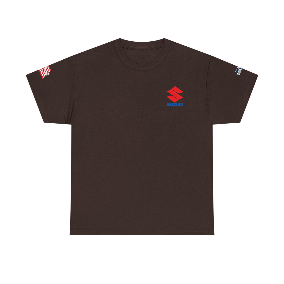 Suzuki Logo White Tee — Small Chest Emblem with American Flag Sleeve