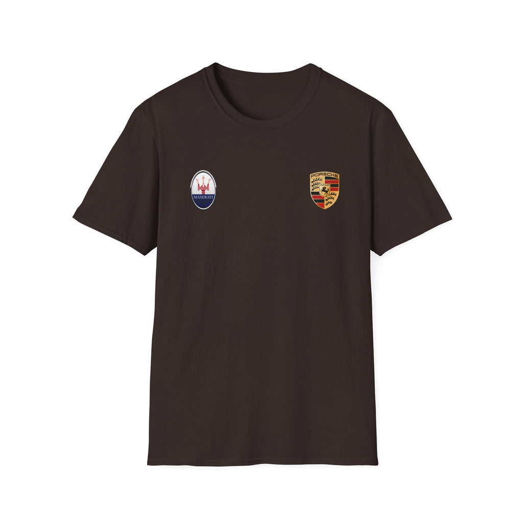 Car Crest Tee — Minimal Porsche & Maserati Badge Graphic T-Shirt