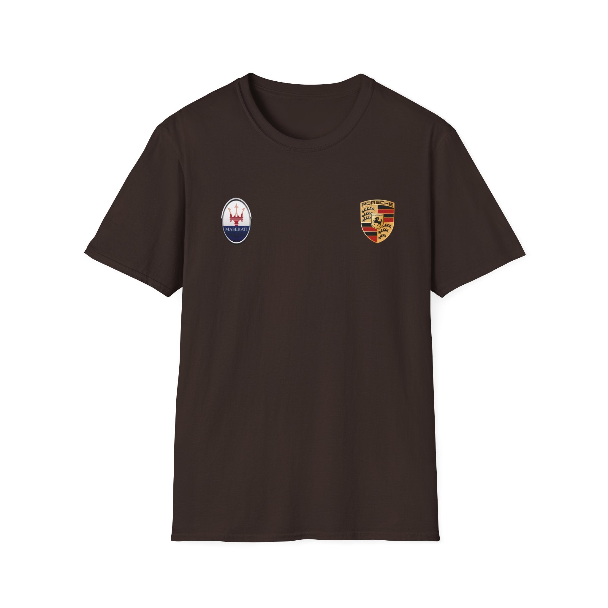 Car Crest Tee — Minimal Porsche & Maserati Badge Graphic T-Shirt