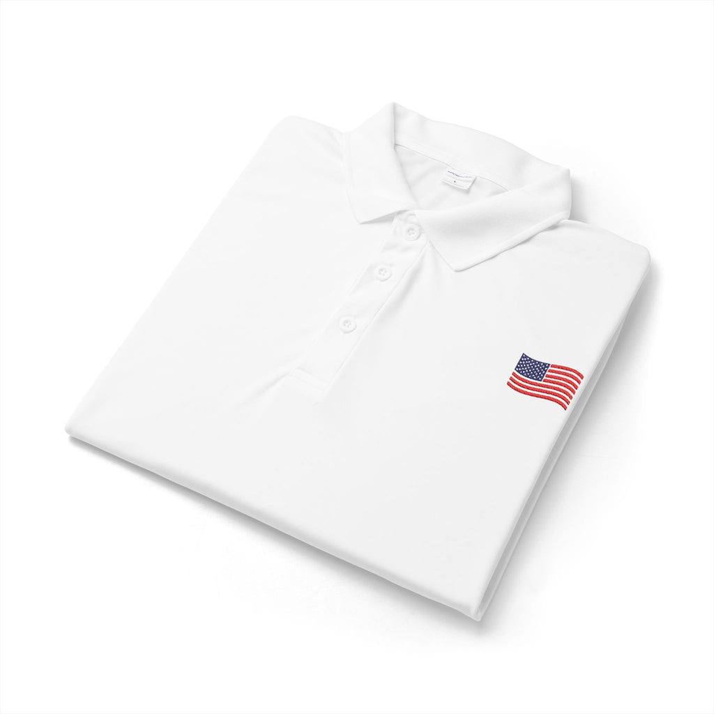 White Polo Shirt with Small American Flag Embroidery — Patriotic Performance Polo