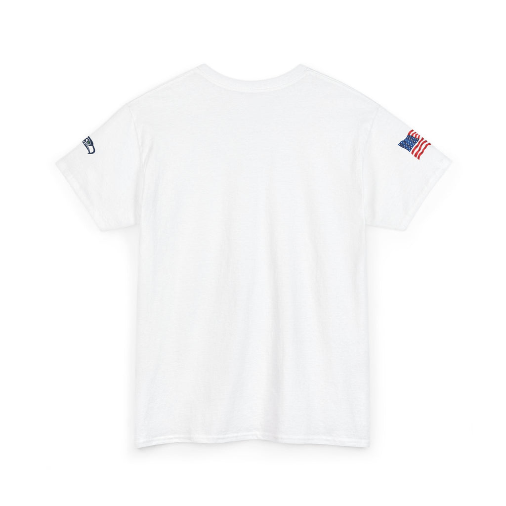 Suzuki Logo White Tee — Small Chest Emblem with American Flag Sleeve