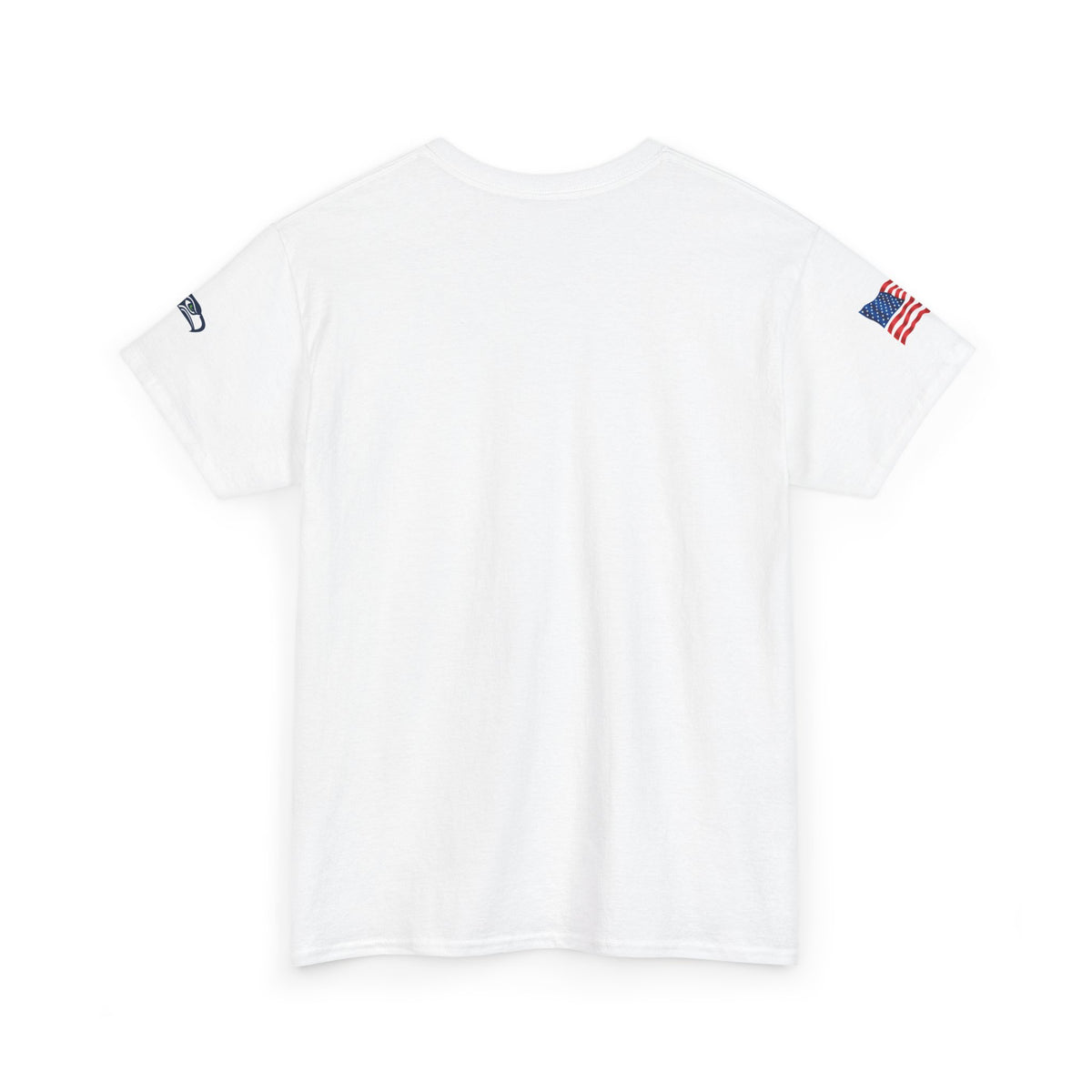 Suzuki Logo White Tee — Small Chest Emblem with American Flag Sleeve