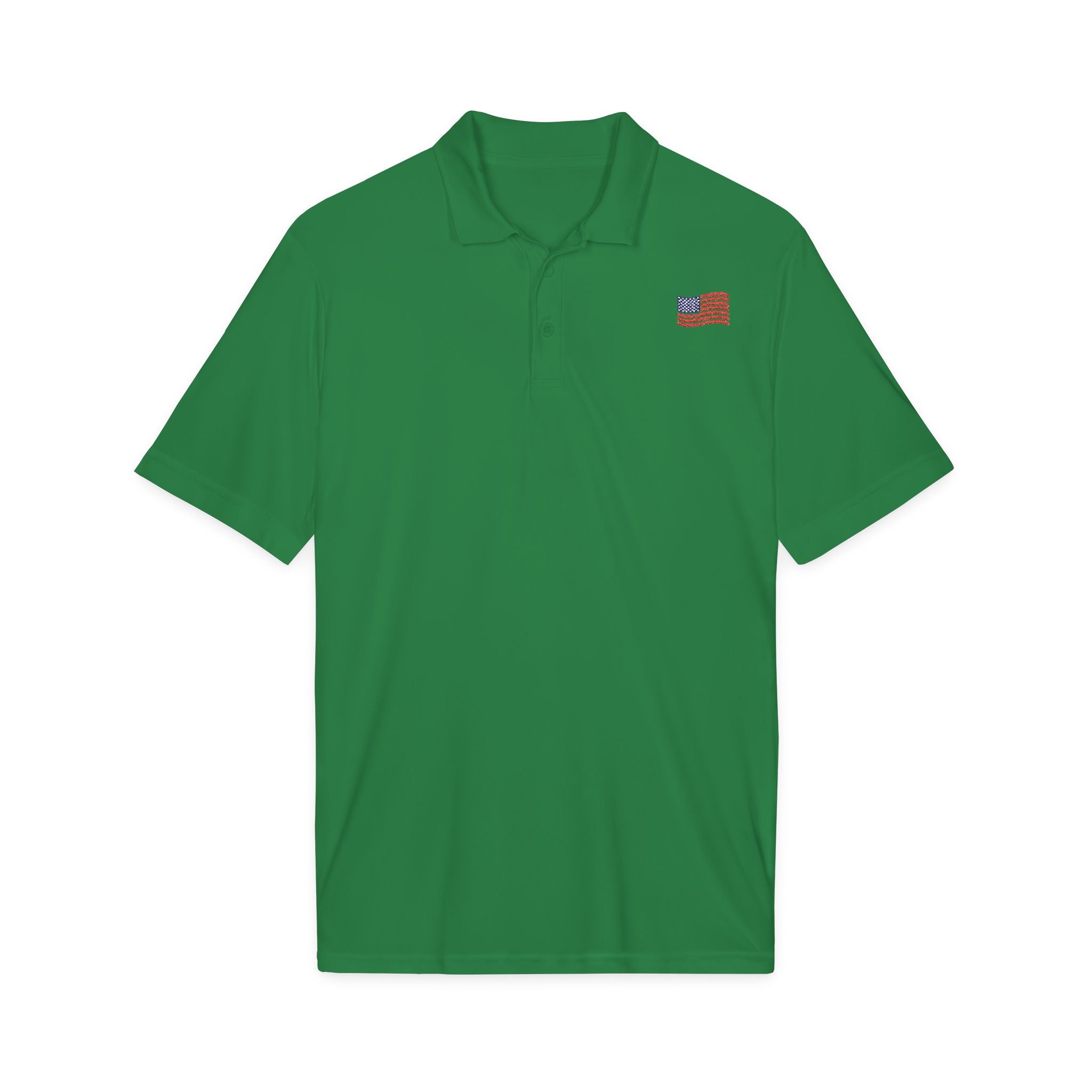 White Polo Shirt with Small American Flag Embroidery — Patriotic Performance Polo
