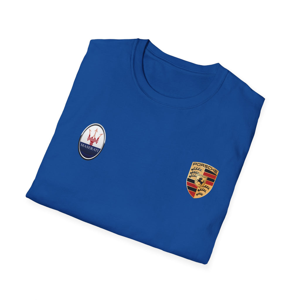 Car Crest Tee — Minimal Porsche & Maserati Badge Graphic T-Shirt