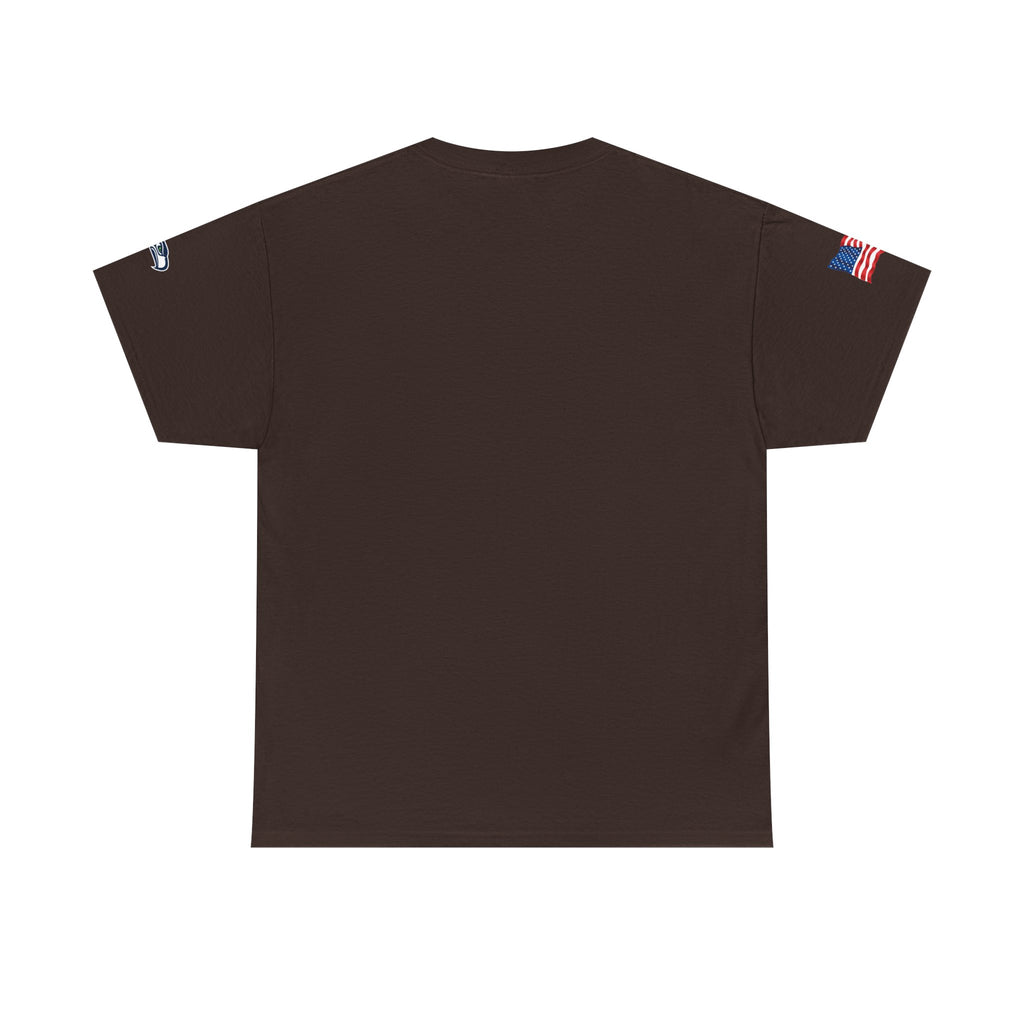 Suzuki Logo White Tee — Small Chest Emblem with American Flag Sleeve