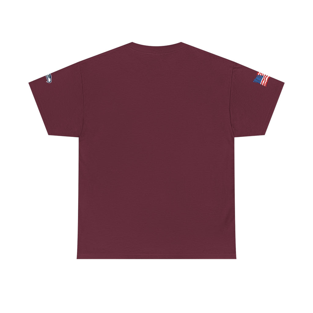 Suzuki Logo White Tee — Small Chest Emblem with American Flag Sleeve