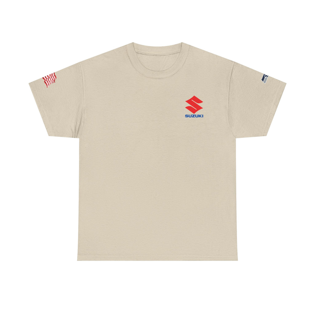 Suzuki Logo White Tee — Small Chest Emblem with American Flag Sleeve