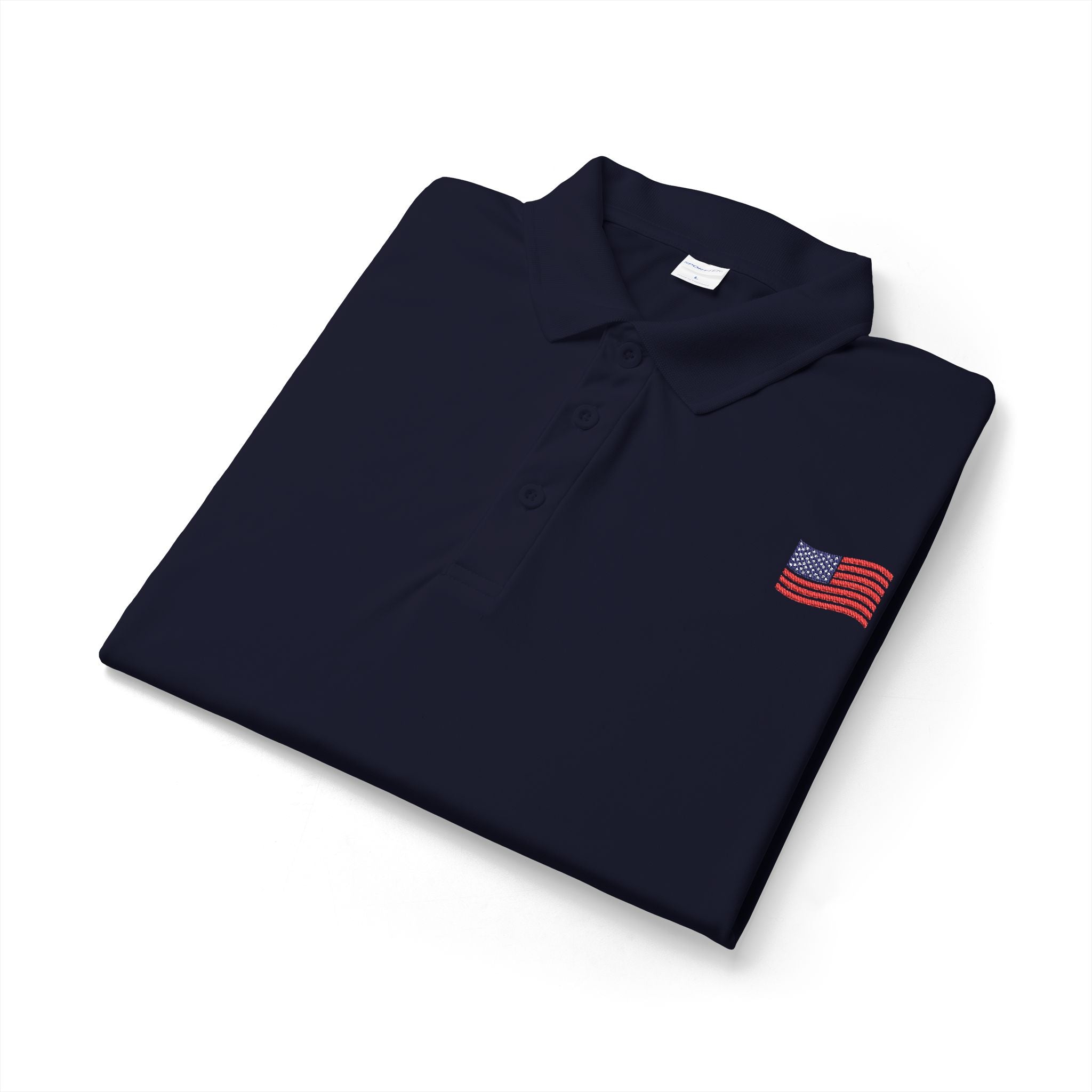 White Polo Shirt with Small American Flag Embroidery — Patriotic Performance Polo