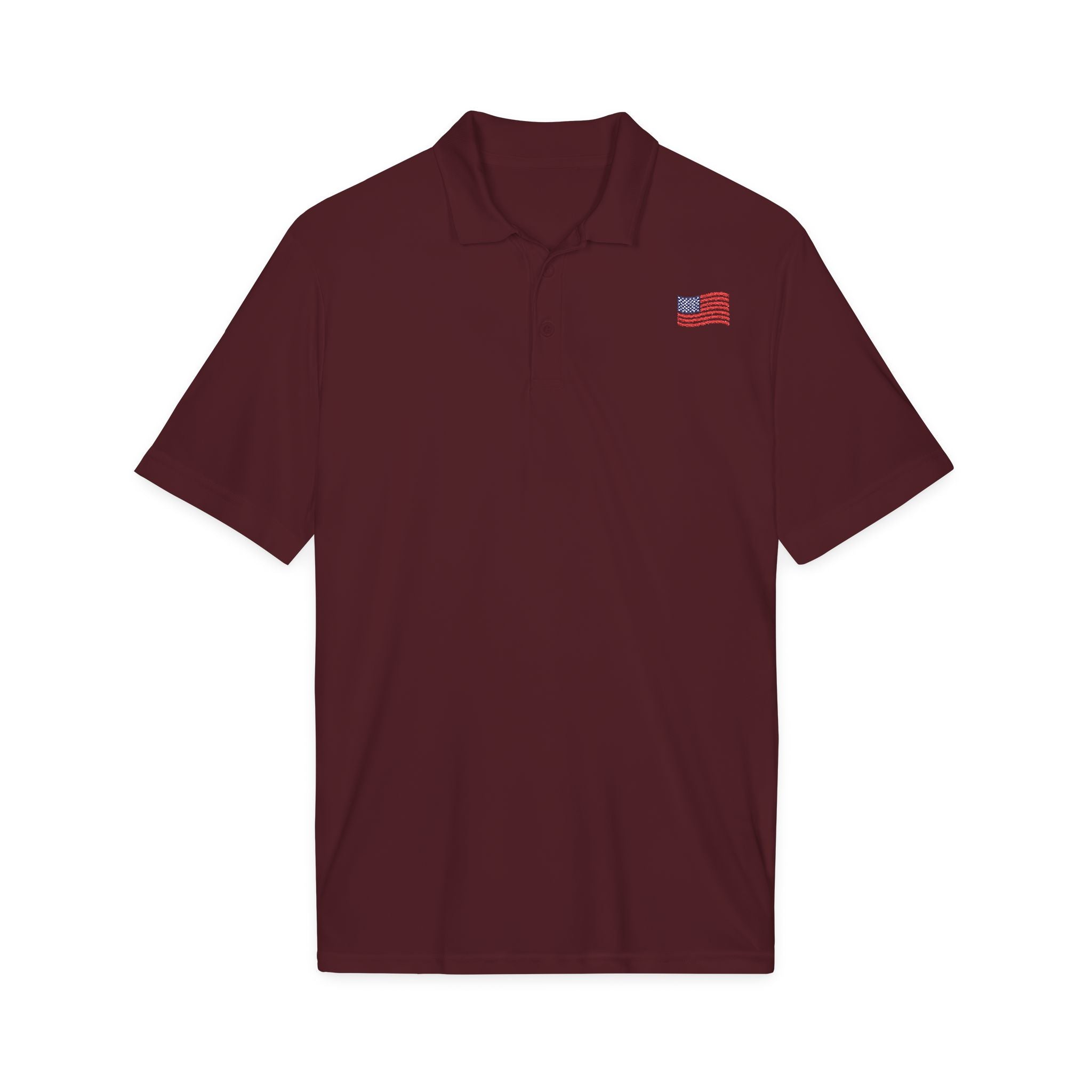White Polo Shirt with Small American Flag Embroidery — Patriotic Performance Polo