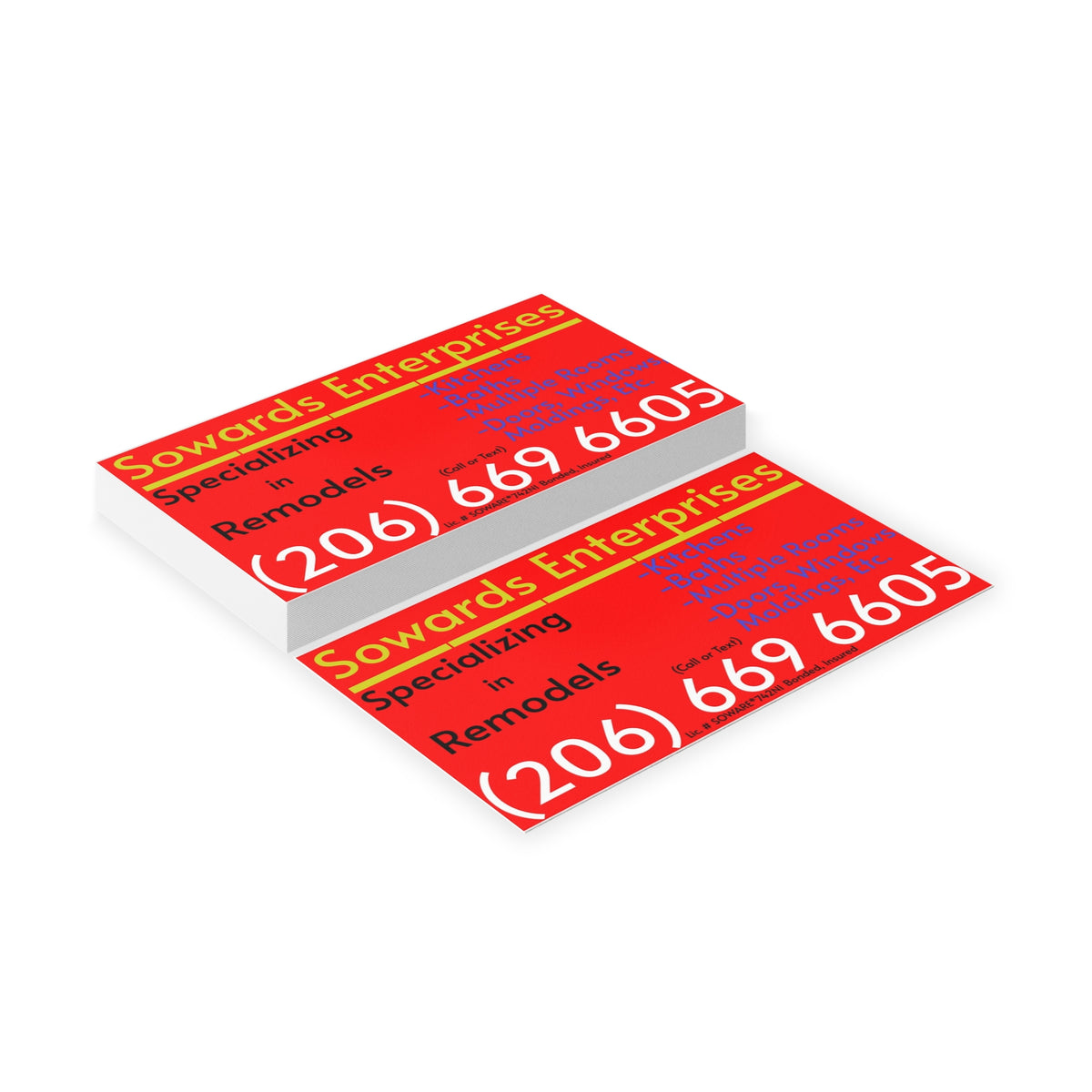 Red & Yellow Remodeling Business Cards — Sowards Enterprises (206-669-6605)