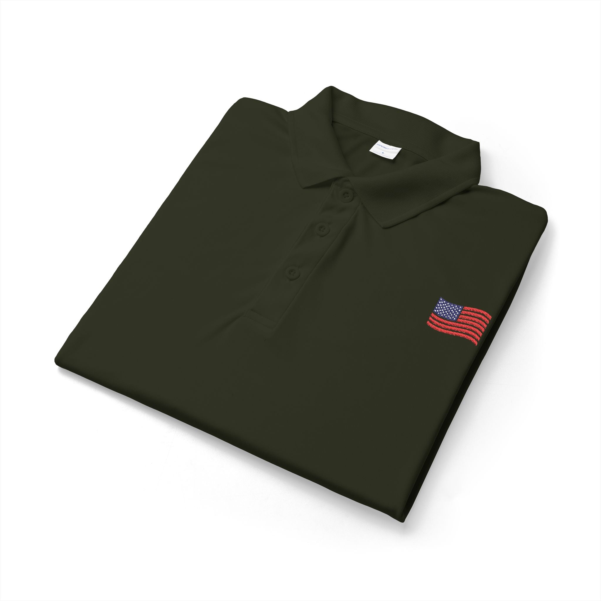 White Polo Shirt with Small American Flag Embroidery — Patriotic Performance Polo