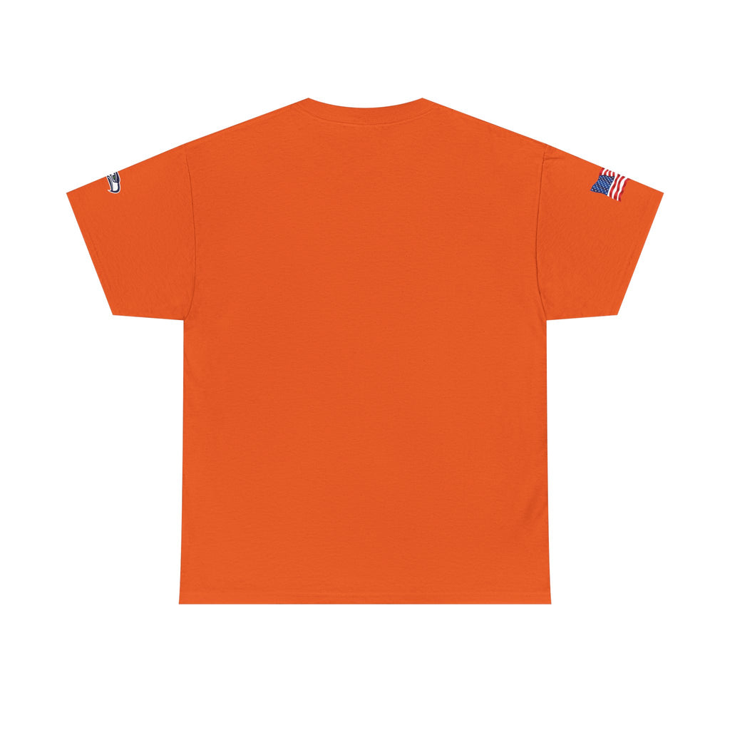 Suzuki Logo White Tee — Small Chest Emblem with American Flag Sleeve