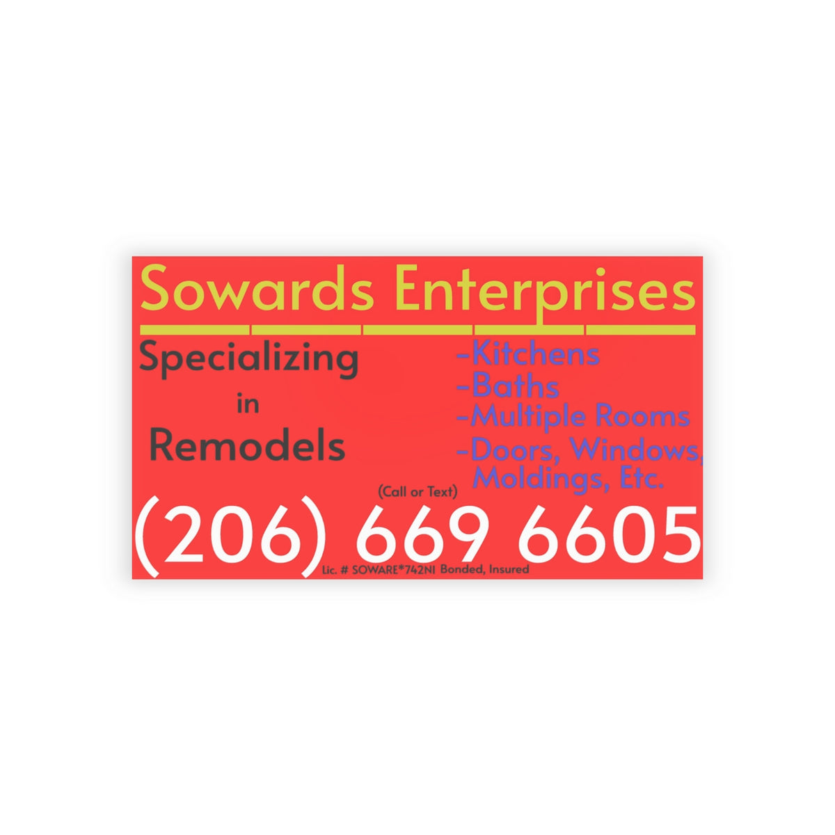 Red & Yellow Remodeling Business Cards — Sowards Enterprises (206-669-6605)