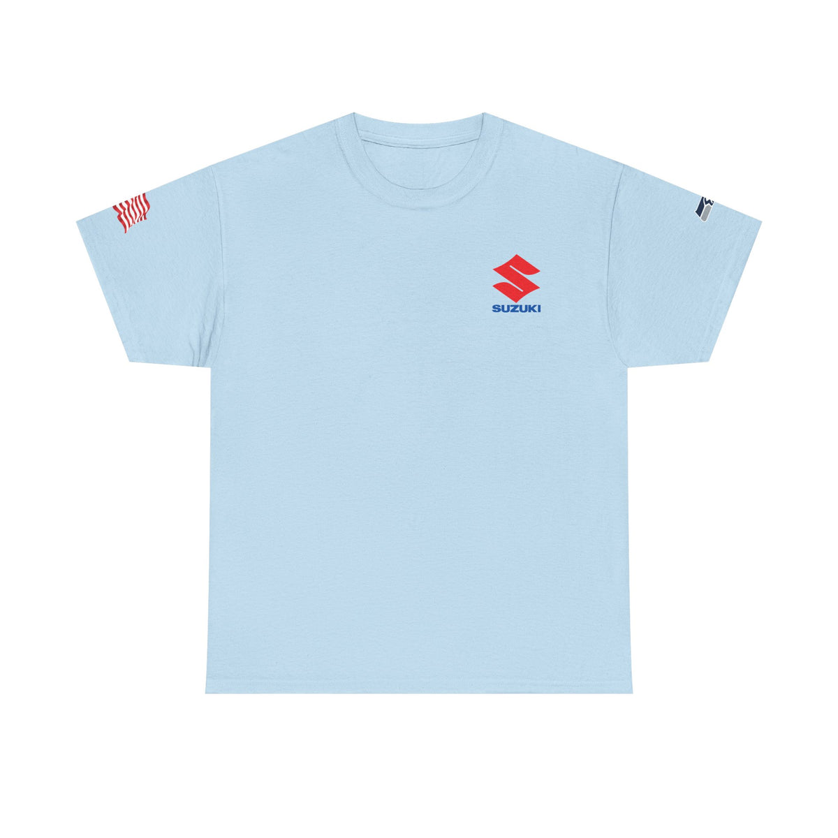 Suzuki Logo White Tee — Small Chest Emblem with American Flag Sleeve
