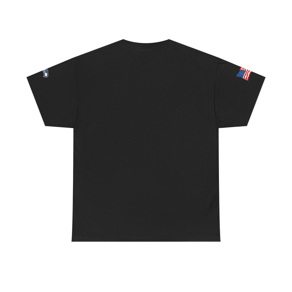 Suzuki Logo White Tee — Small Chest Emblem with American Flag Sleeve