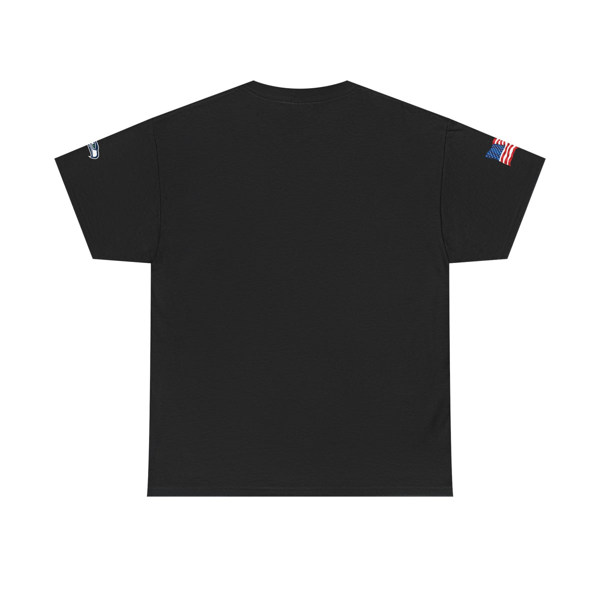 Suzuki Logo White Tee — Small Chest Emblem with American Flag Sleeve