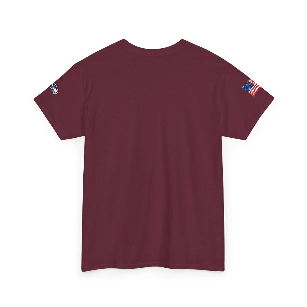Suzuki Logo White Tee — Small Chest Emblem with American Flag Sleeve