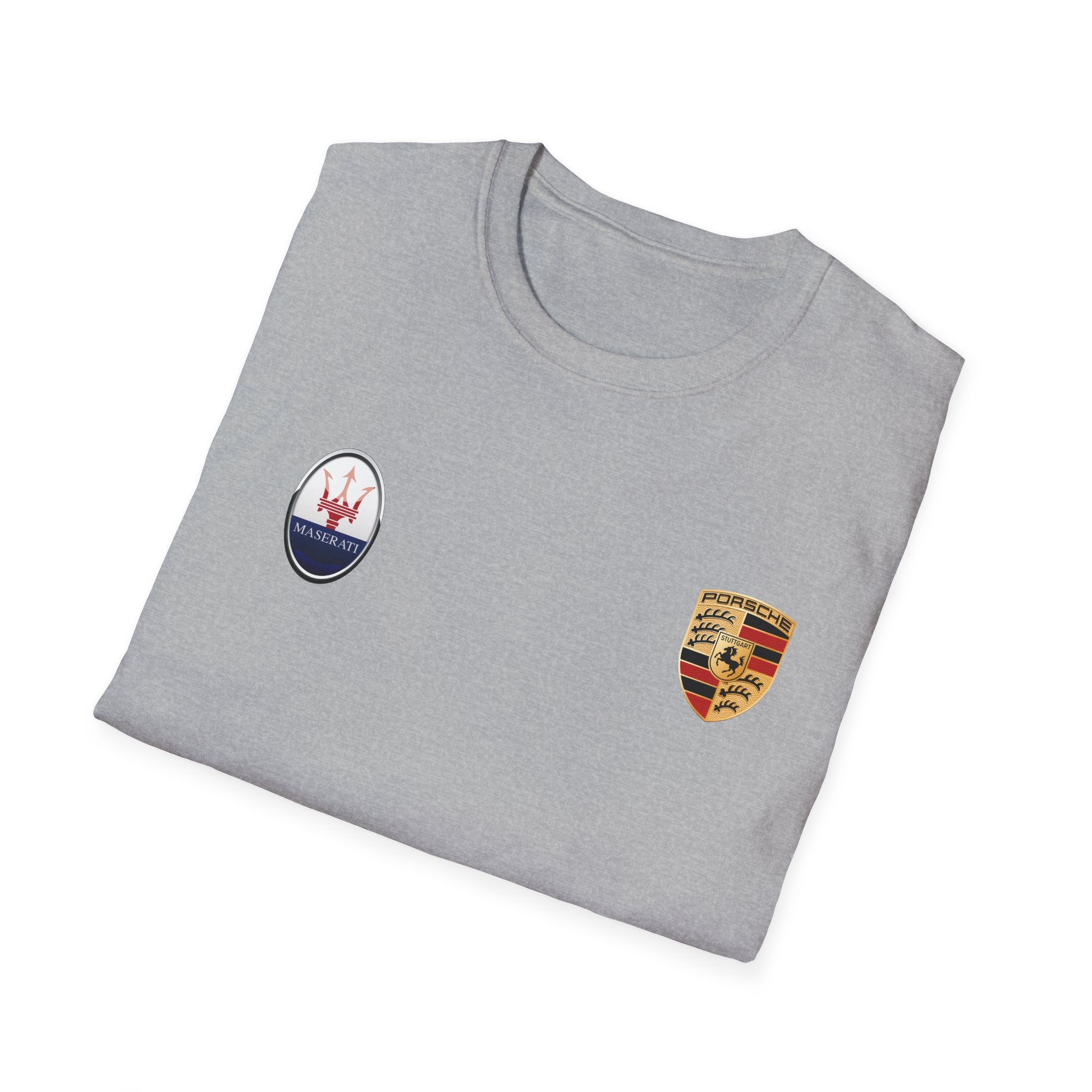 Car Crest Tee — Minimal Porsche & Maserati Badge Graphic T-Shirt