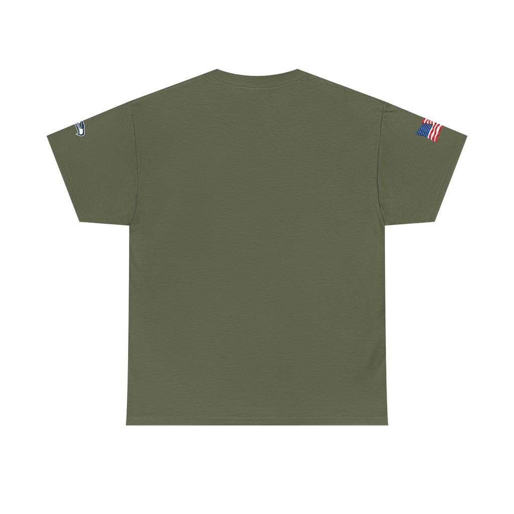 Suzuki Logo White Tee — Small Chest Emblem with American Flag Sleeve