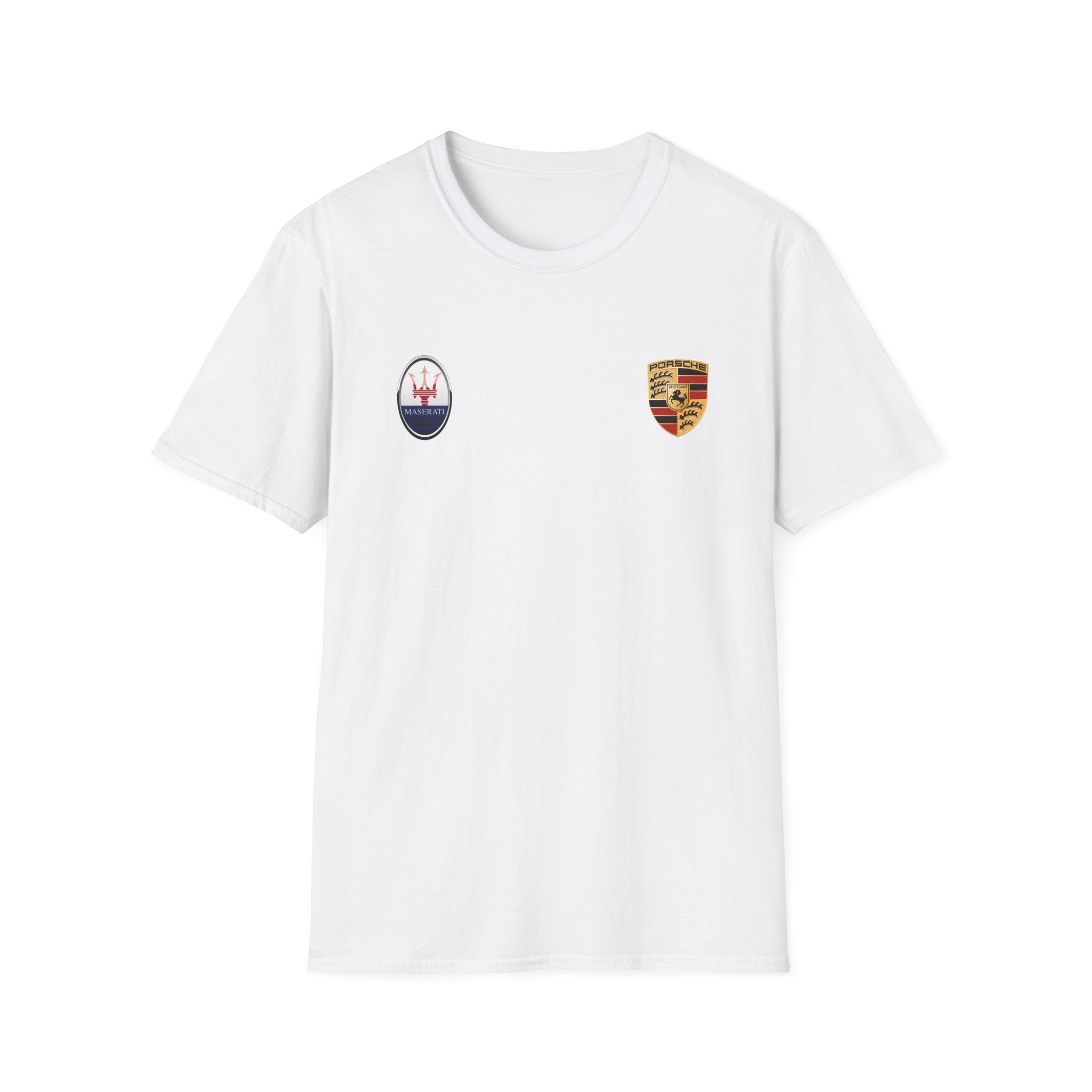 Car Crest Tee — Minimal Porsche & Maserati Badge Graphic T-Shirt