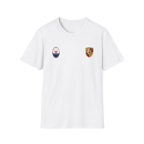 Car Crest Tee — Minimal Porsche & Maserati Badge Graphic T-Shirt