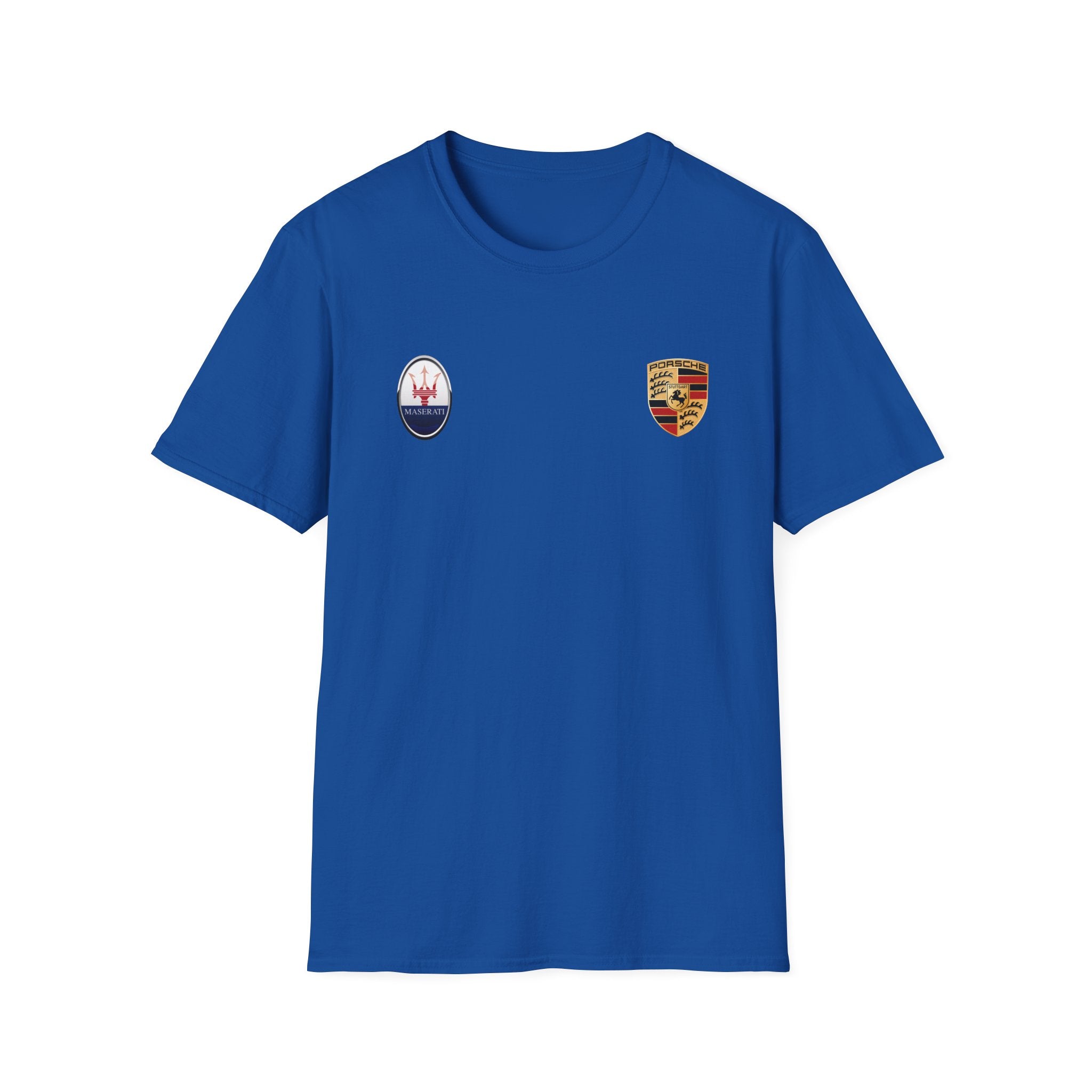 Car Crest Tee — Minimal Porsche & Maserati Badge Graphic T-Shirt