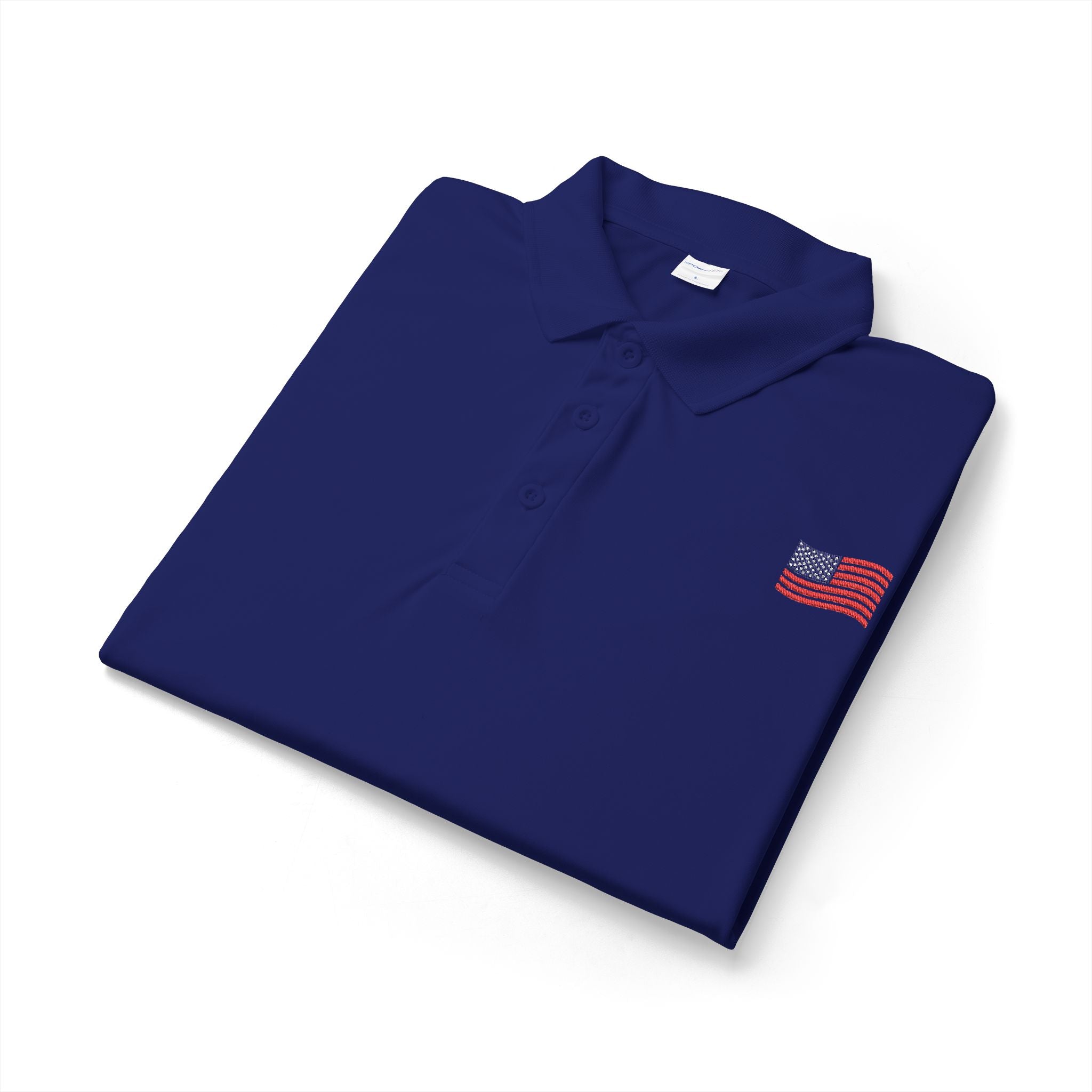 White Polo Shirt with Small American Flag Embroidery — Patriotic Performance Polo